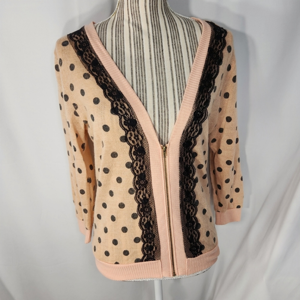 Live to be Spoiled Peach w/ Black Polka-dots & Lace Accents Sweater Medium
